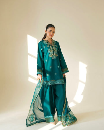 AIMA 3PC EMB SHIRT + EMB FARSHI SHALWAR WITH EMB SHAFFON DUPPTA PATCH WORK