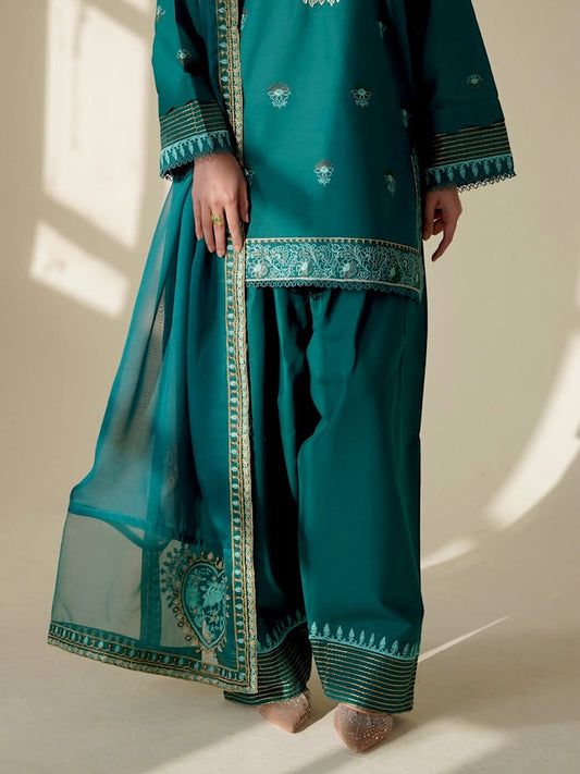 AIMA 3PC EMB SHIRT + EMB FARSHI SHALWAR WITH EMB SHAFFON DUPPTA PATCH WORK